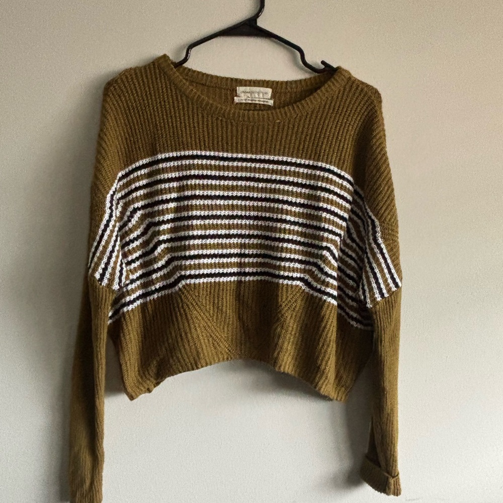 American Eagle Outfitters Olive Green & White Striped Crewneck Sweater